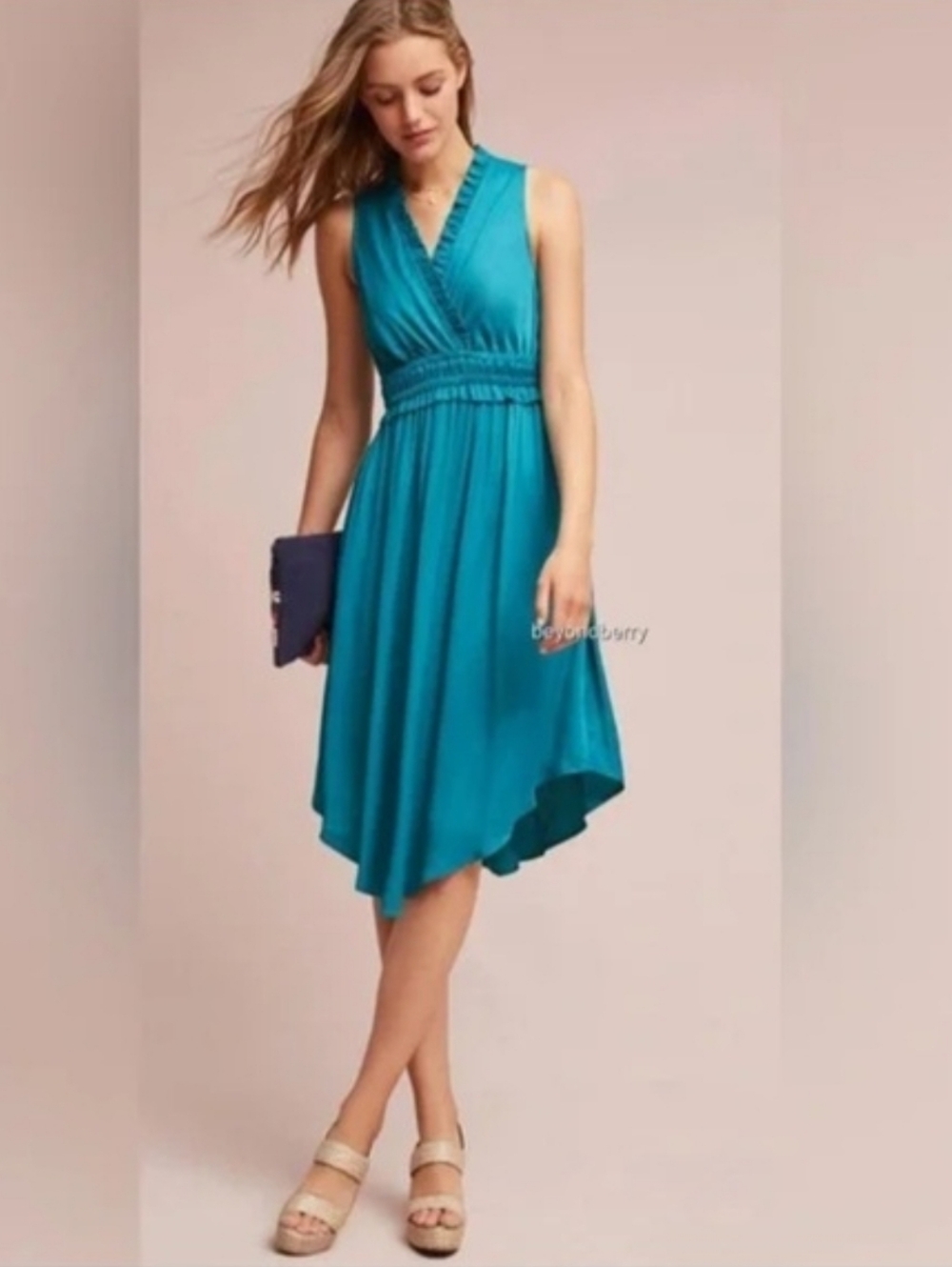 Anthropologie Maeve Maeve La Habana Teal Sleeveless Ruffled V-Neck Dress S